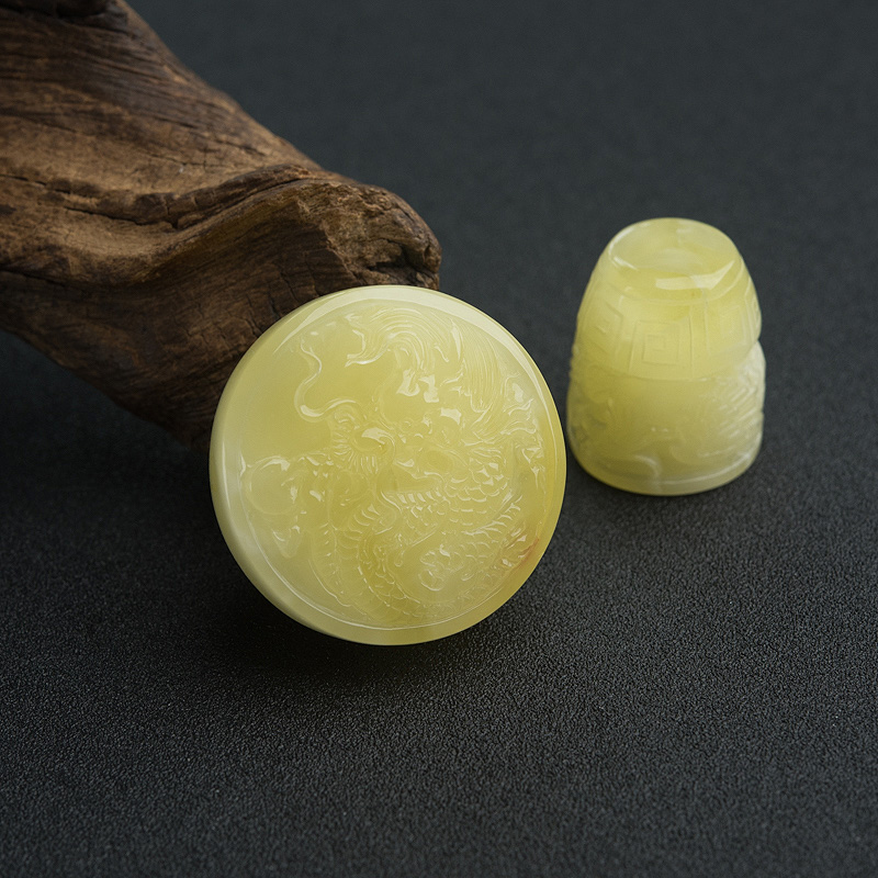 天然柠檬黄蜜蜡龙摆件套装-红掌柜