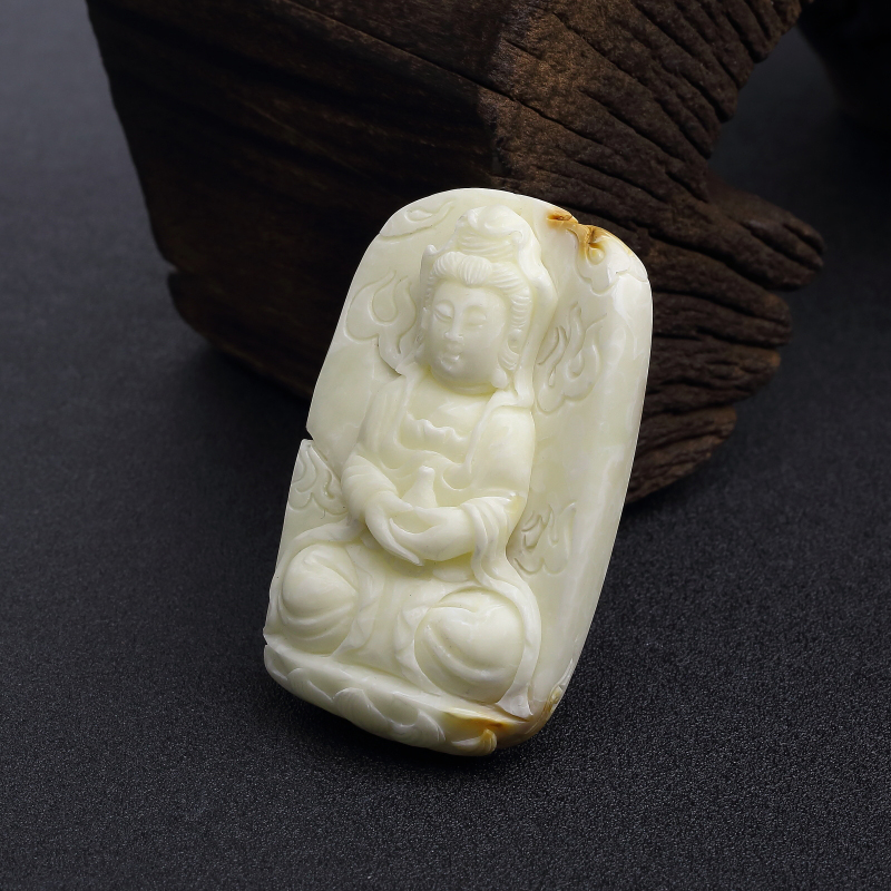 天然带皮象牙白白蜜观音吊坠-红掌柜