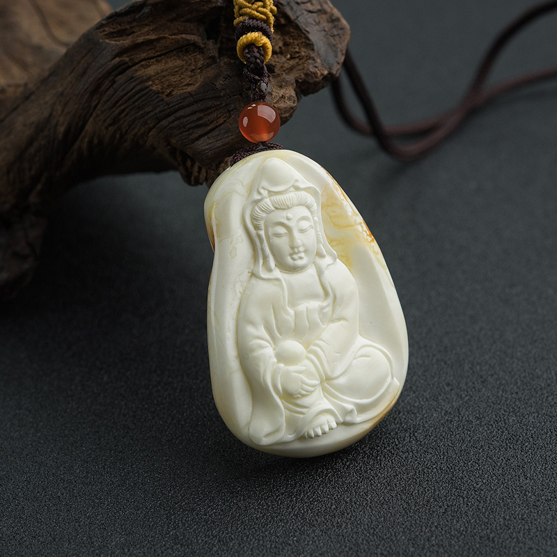 天然带皮象牙白白蜜观音吊坠-红掌柜