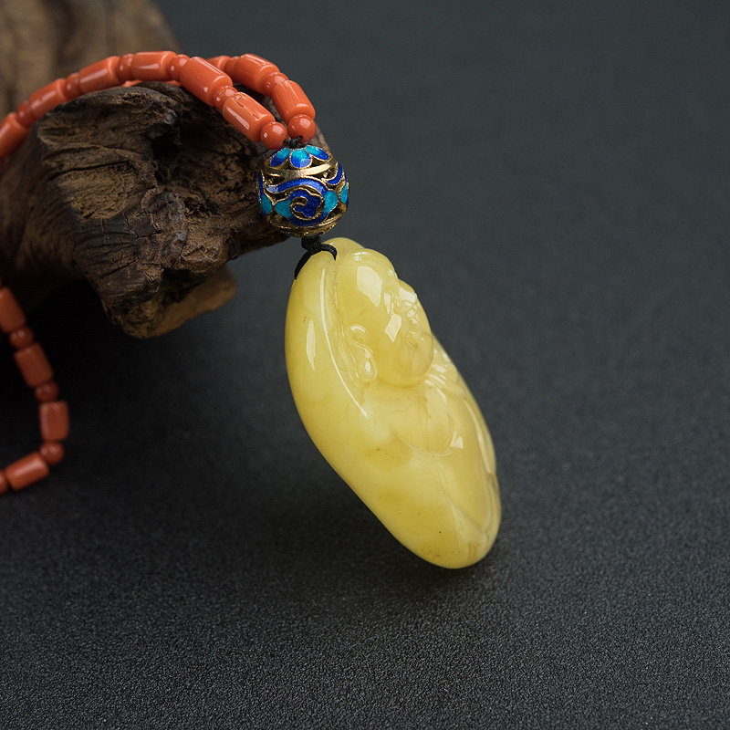 天然鸡油黄蜜蜡弥勒佛项链-红掌柜