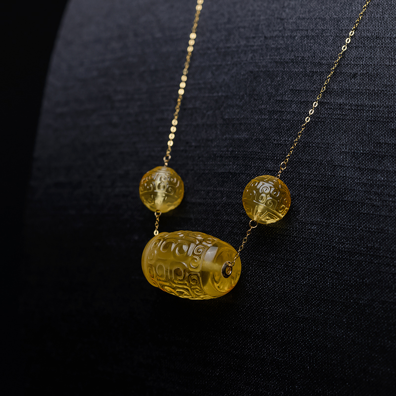 鸡油黄蜜蜡桶珠项链-红掌柜