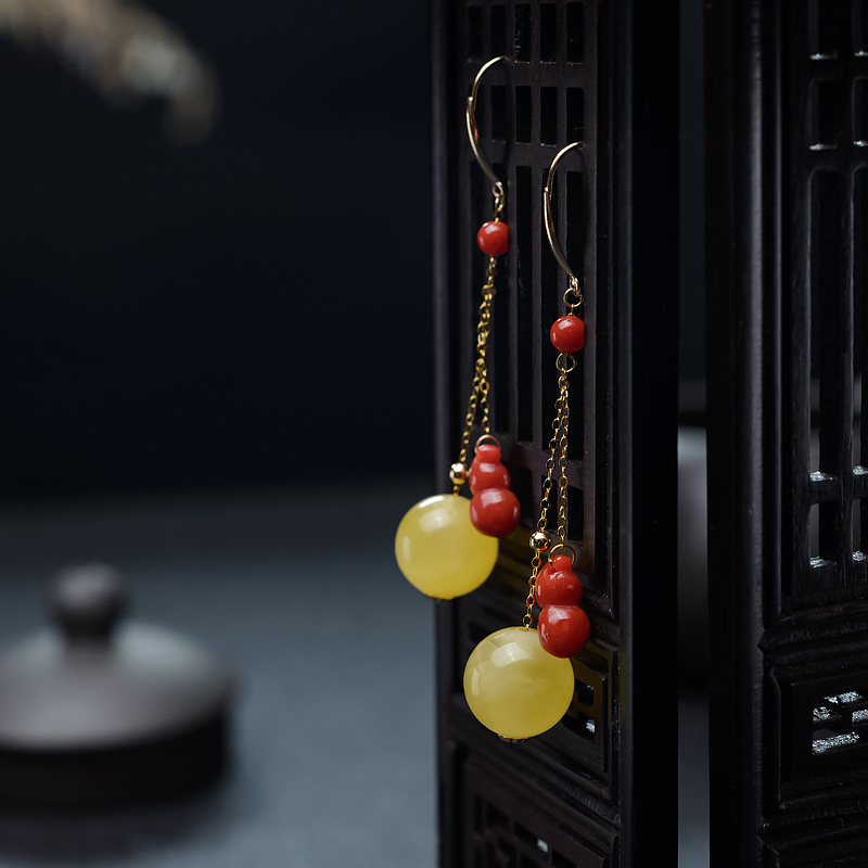 鸡油黄蜜蜡圆珠耳坠-红掌柜