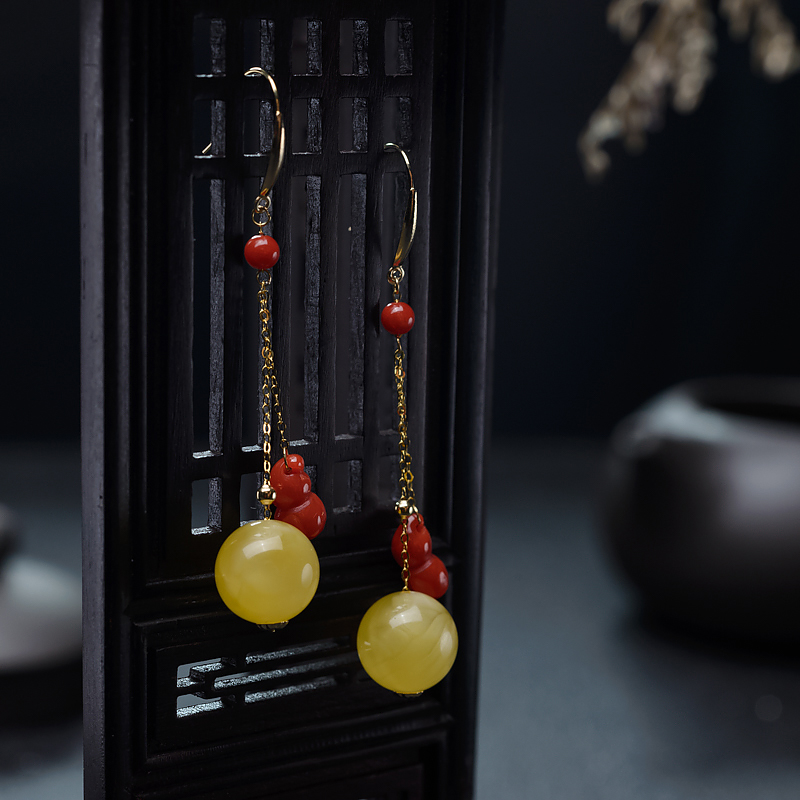 18K蜜蜡圆珠耳坠-红掌柜