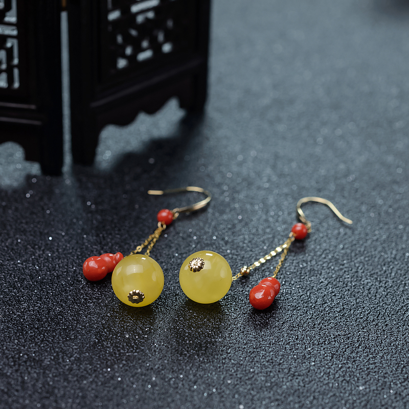 18K鸡油黄蜜蜡耳坠-红掌柜