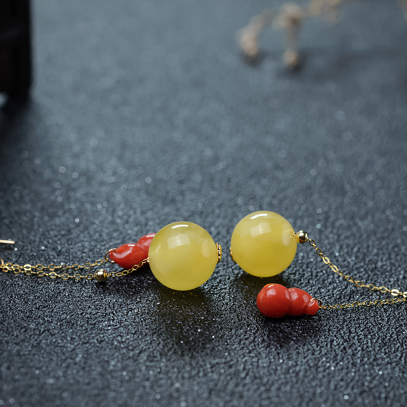 鸡油黄蜜蜡耳坠-红掌柜