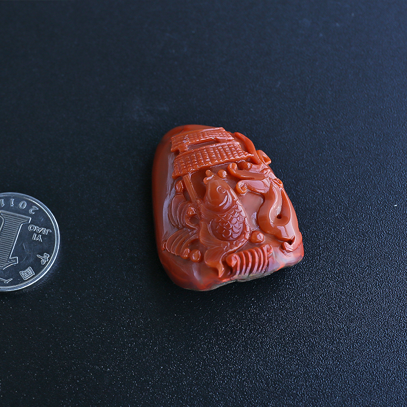 川料南红鱼跃龙门吊坠-红掌柜