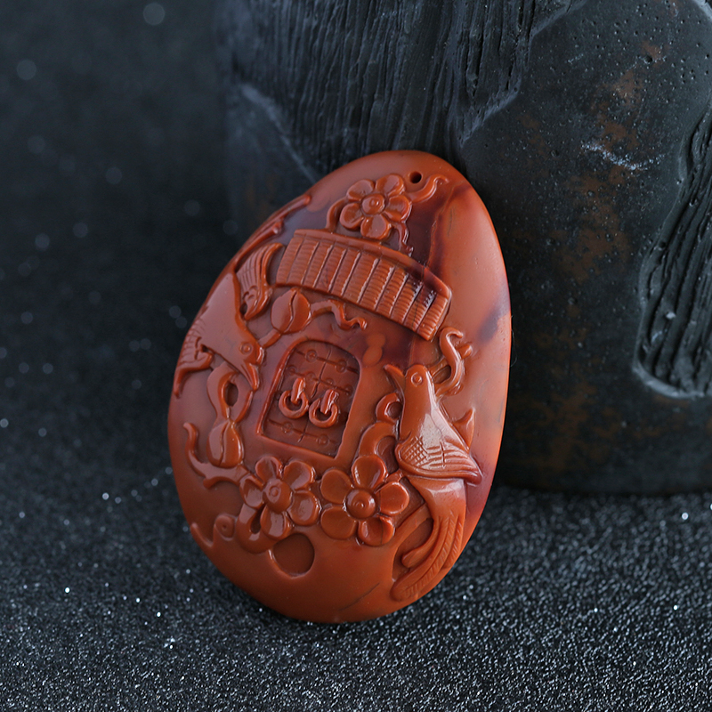 俏色南红双喜临门吊坠 - 红掌柜珠宝