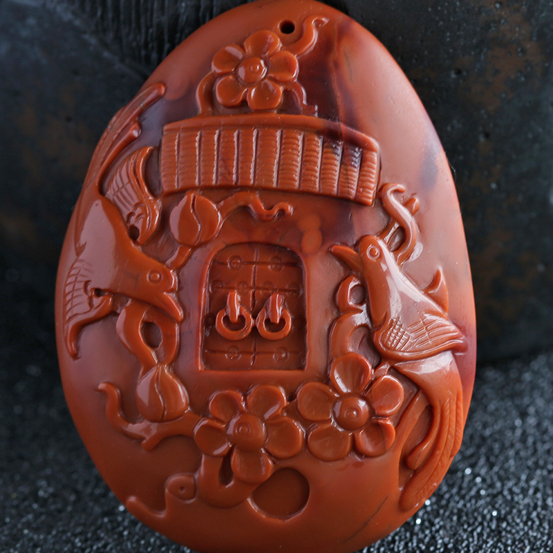 俏色南红双喜临门吊坠 - 红掌柜珠宝