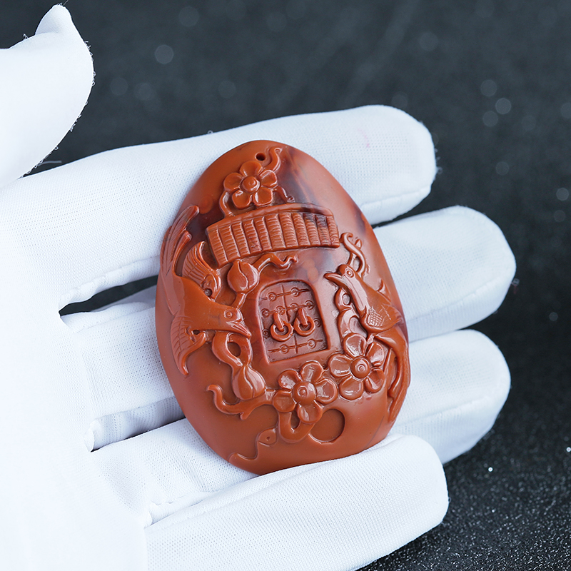 俏色南红双喜临门吊坠 - 红掌柜珠宝