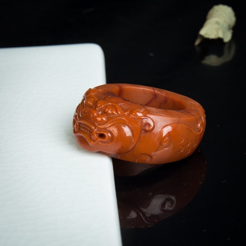 四川天然南红瑞兽戒指-红掌柜