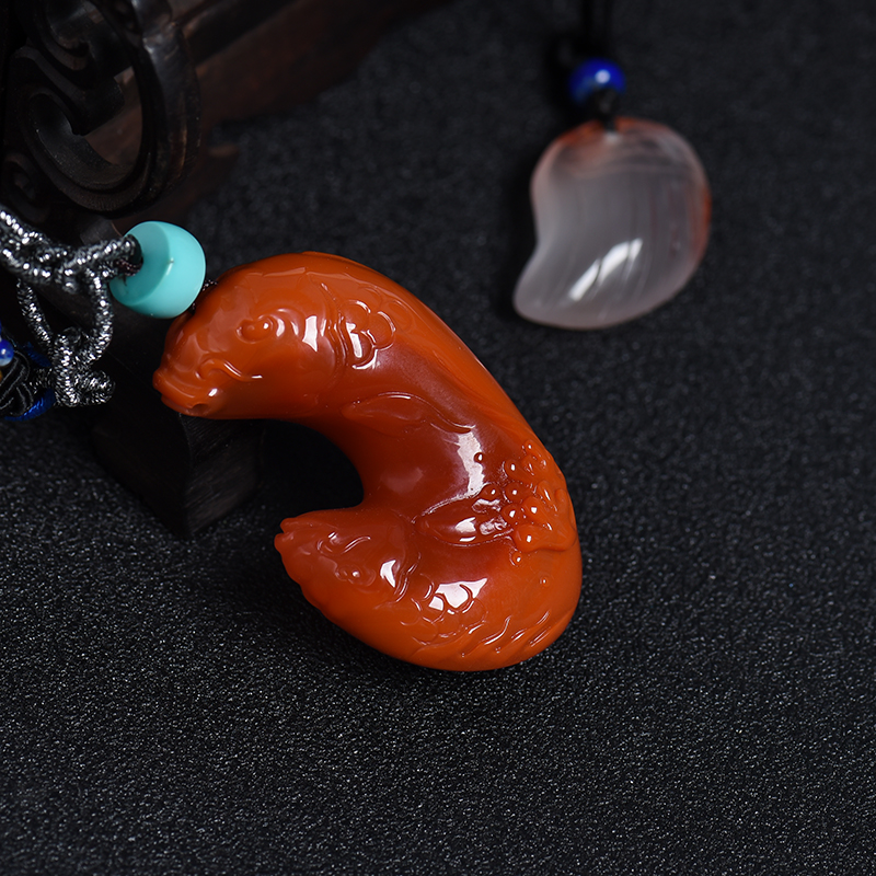 天然柿子红南红双子鱼吊坠-红掌柜