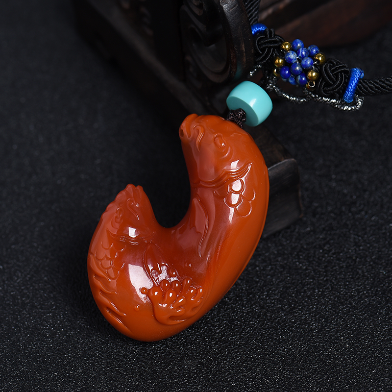 川料柿子红南红双子鱼吊坠-红掌柜