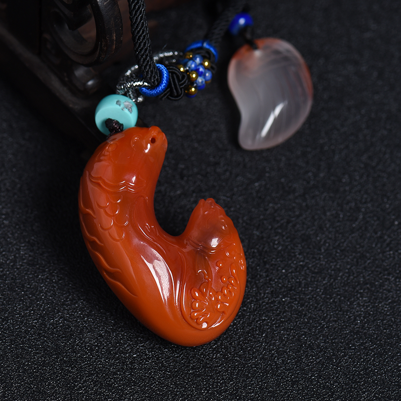 川料天然南红双子鱼吊坠-红掌柜