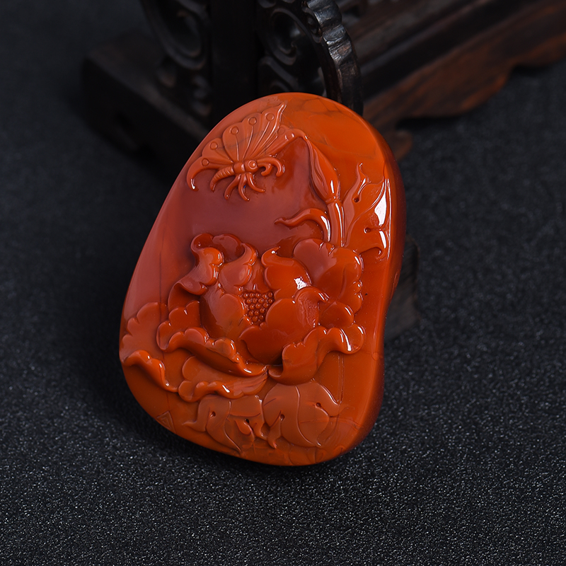 川料南红蝶恋花吊坠-红掌柜