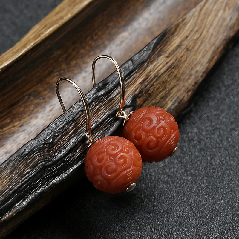 K金柿子红南红回纹耳坠 - 红掌柜