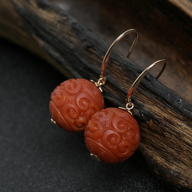 18K金柿子红南红回纹耳坠 - 红掌柜