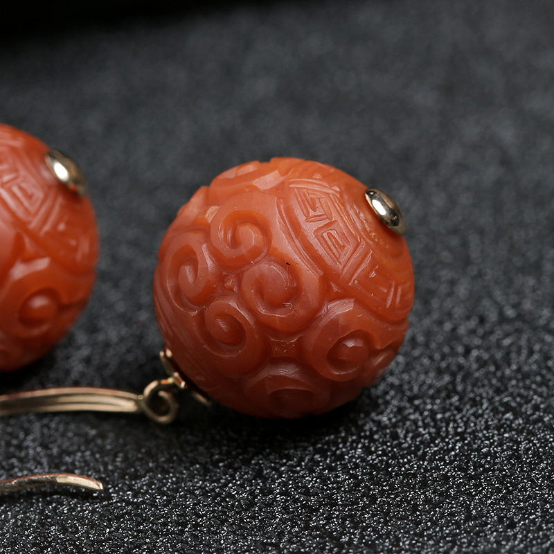 18K金镶柿子红南红耳坠 - 红掌柜