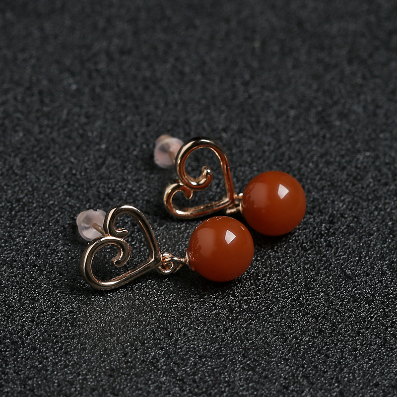 银镀金镶樱桃红南红耳钉-红掌柜