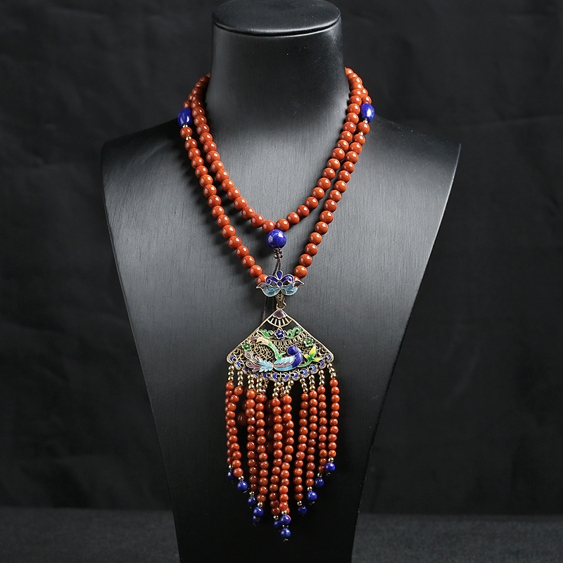 川料南红扇子喜鹊毛衣链 - 红掌柜