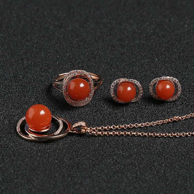 925银镶川料天然樱桃红南红三件套-红掌柜
