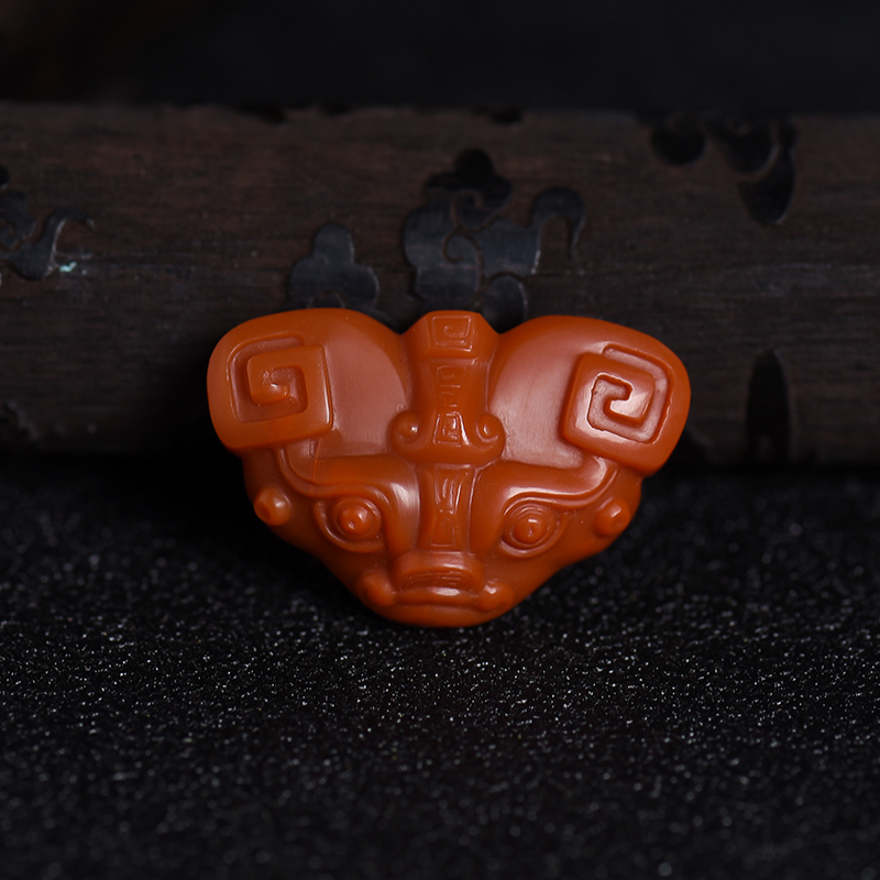 川料柿子红南红仿古兽面背云吊坠-红掌柜