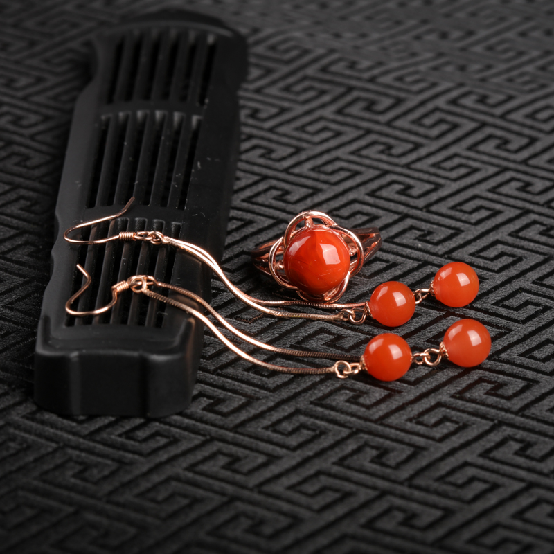 天然银镶南红戒指耳坠两件套-红掌柜