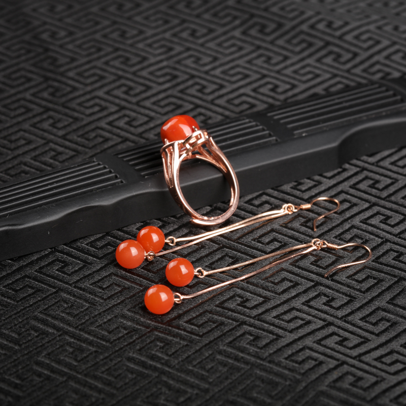 四川银镶南红戒指耳坠两件套-红掌柜