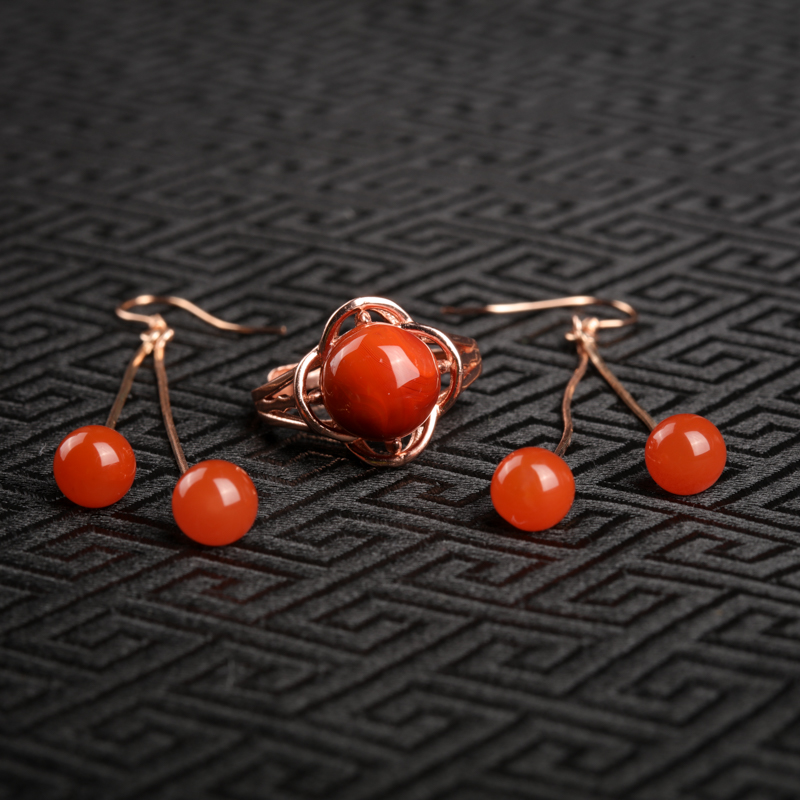 银镶南红戒指耳坠两件套-红掌柜