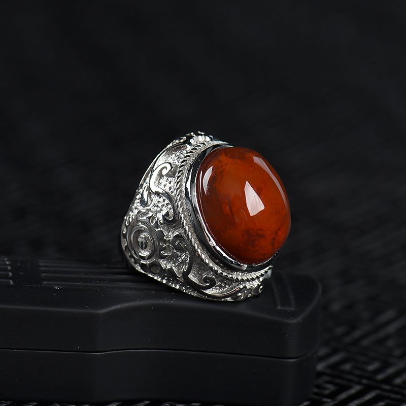 银镶天然火焰纹南红戒指-红掌柜