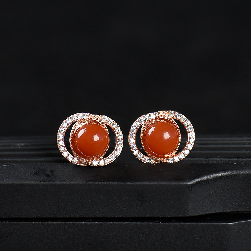 银镶樱桃红南红耳钉-红掌柜