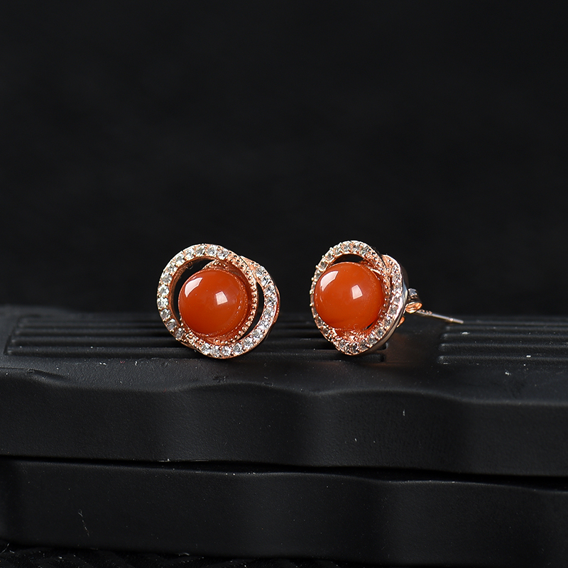 四川银镶樱桃红南红耳钉-红掌柜