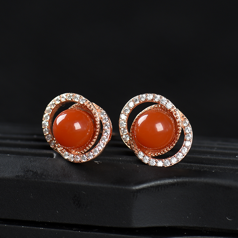 四川樱桃红南红耳钉-红掌柜