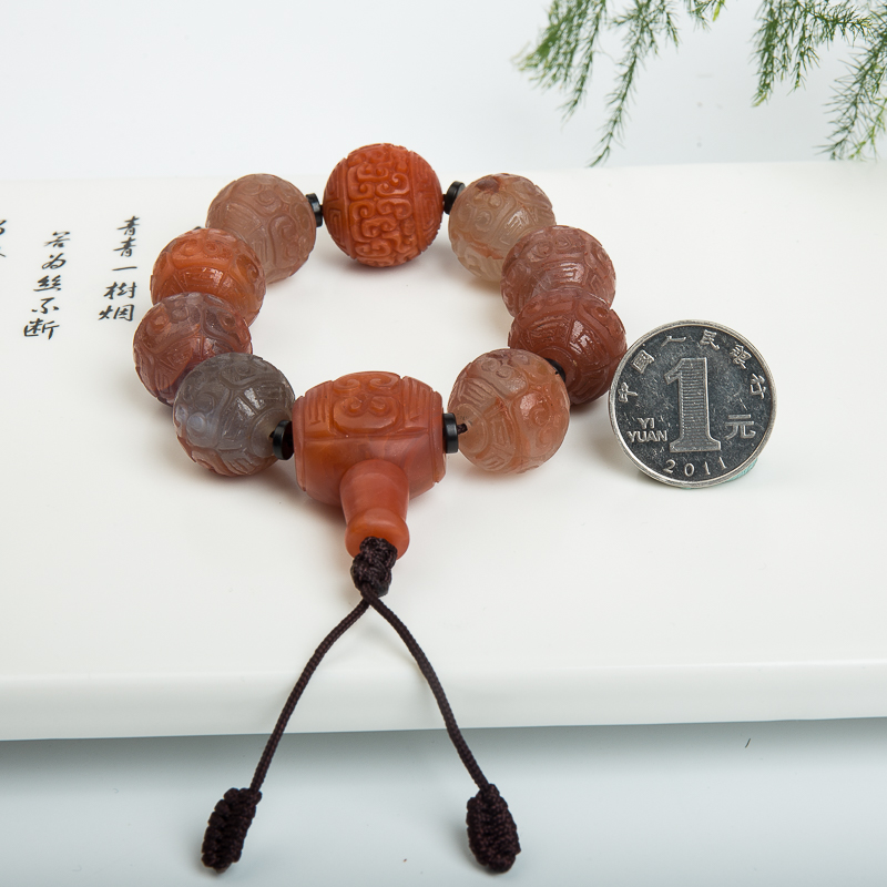 天然柿子红南红回纹珠单圈手串-红掌柜