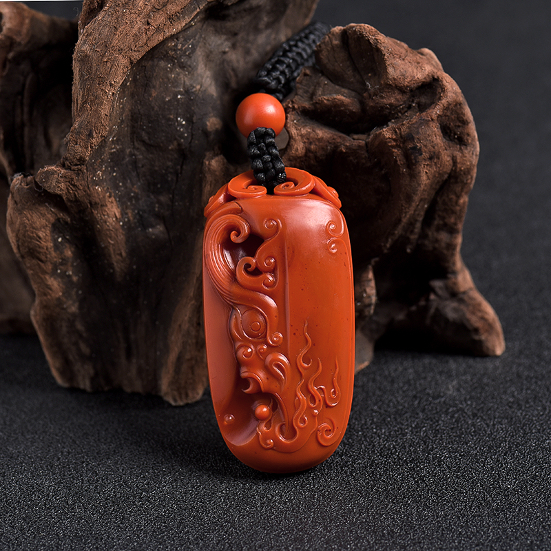 保山天然柿子红南红龙凤牌吊坠 - 红掌柜