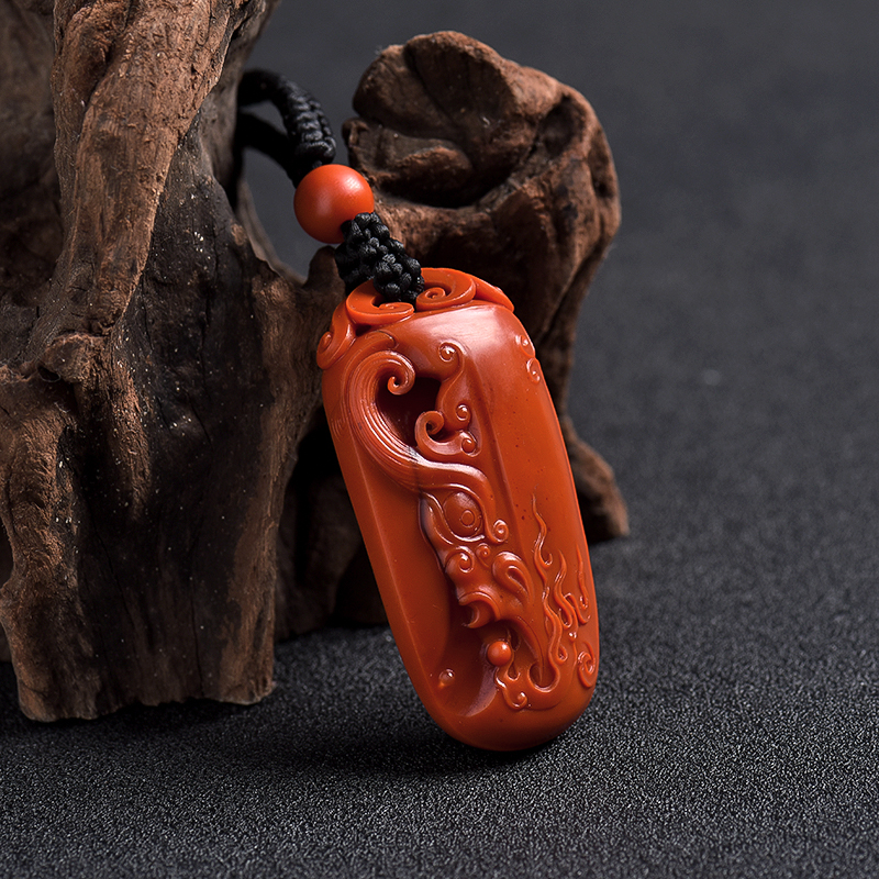 天然柿子红南红龙凤牌吊坠 - 红掌柜