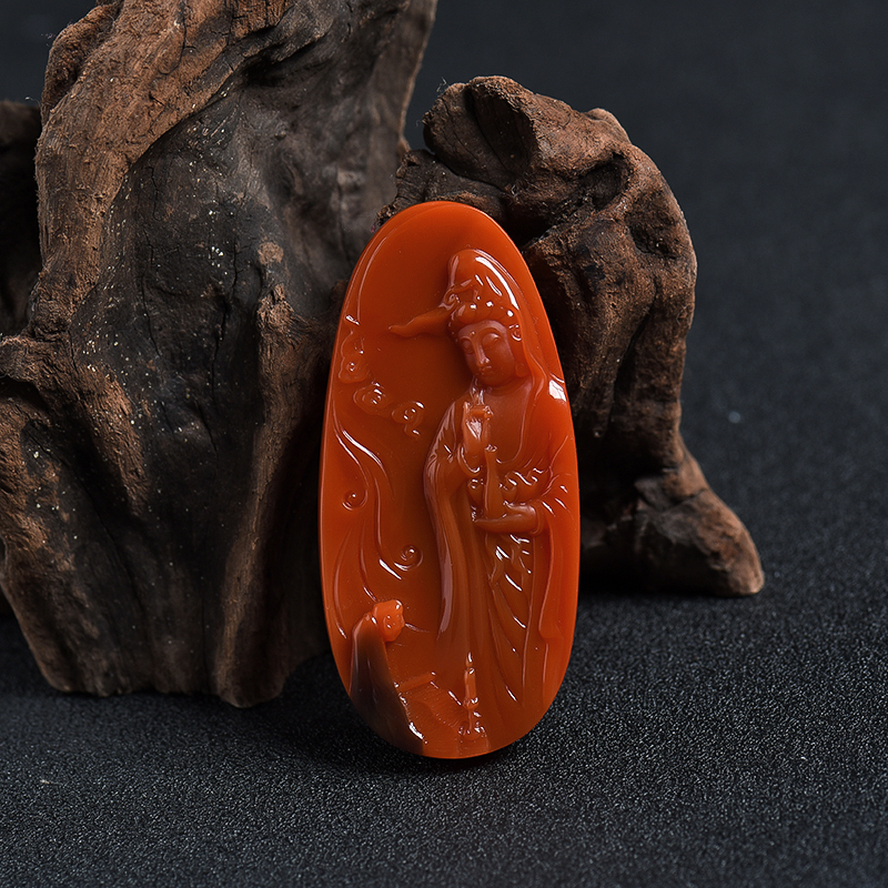 天然保山锦红南红观音吊坠 - 红掌柜