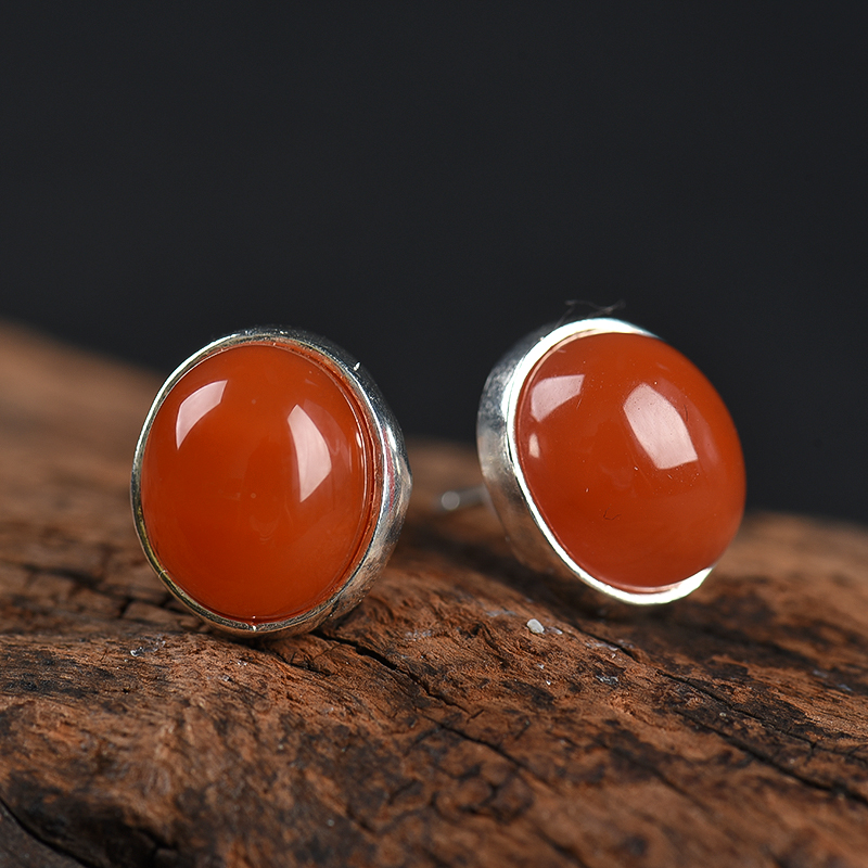 银镶天然川料南红耳钉-红掌柜