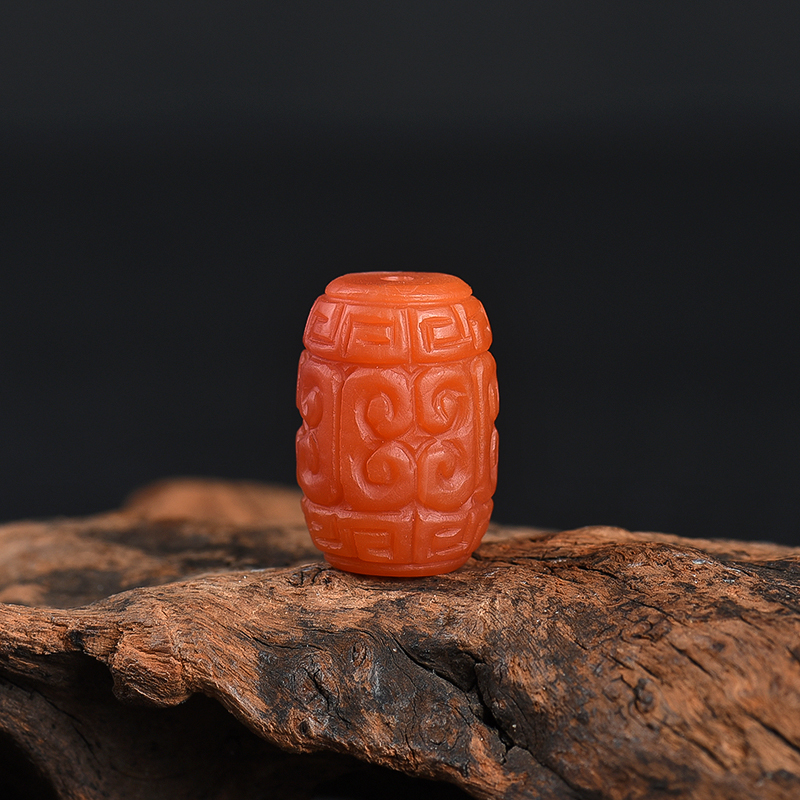 川料天然柿子红南红回纹桶珠-红掌柜