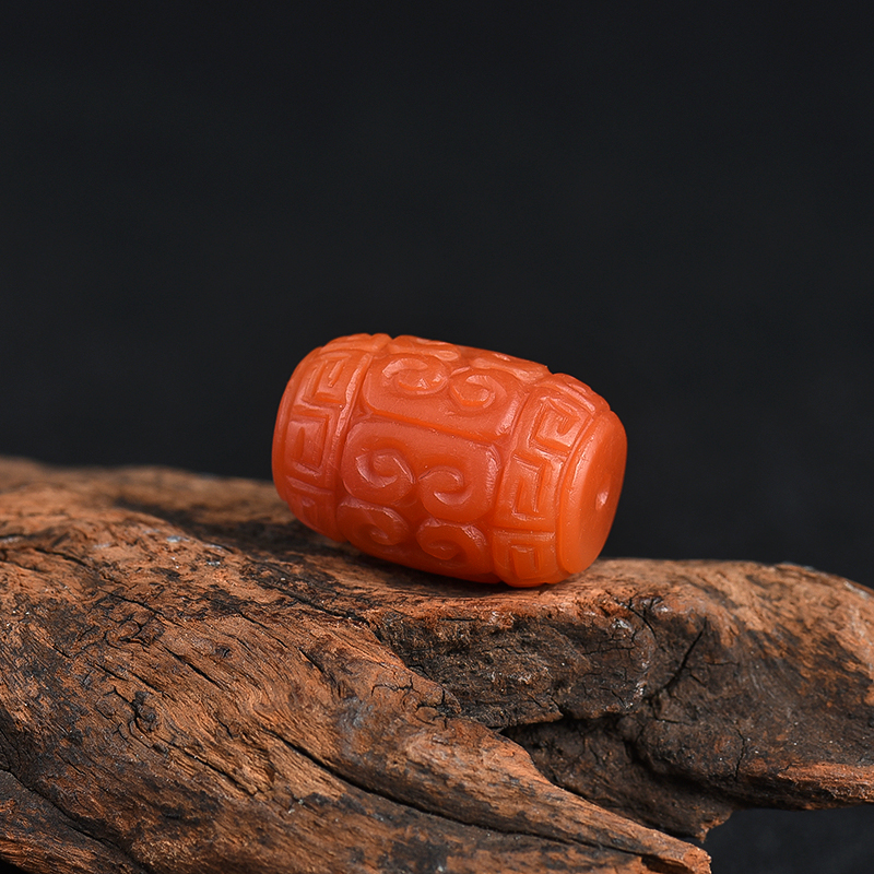 天然柿子红南红回纹桶珠-红掌柜