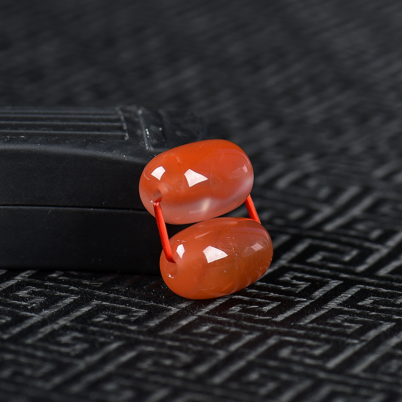 川料冰飘料南红桶珠配件一对-红掌柜