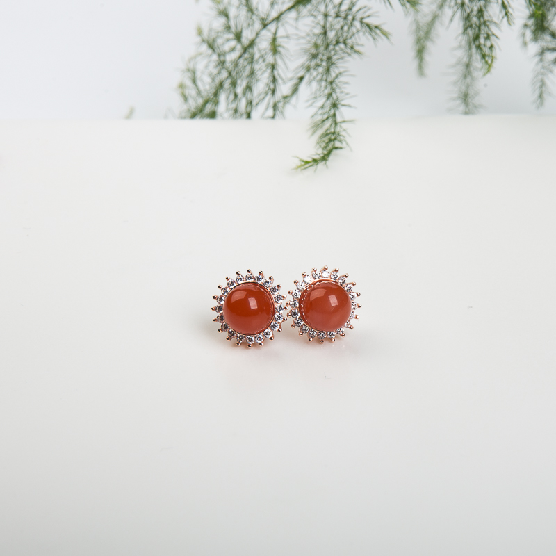 天然银镶柿子红南红套装-红掌柜