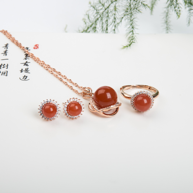 天然柿子红南红三件套套装-红掌柜