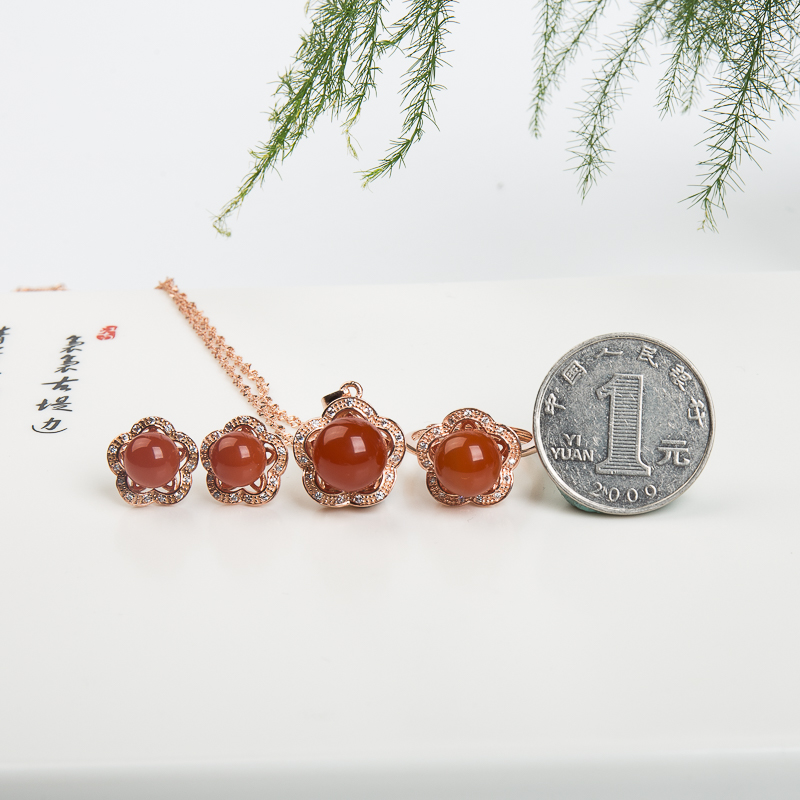 银镶天然柿子红南红三件套套装-红掌柜