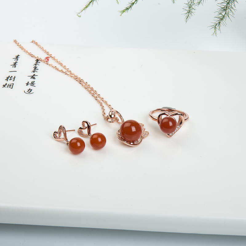 银镶四川柿子红南红三件套套装-红掌柜