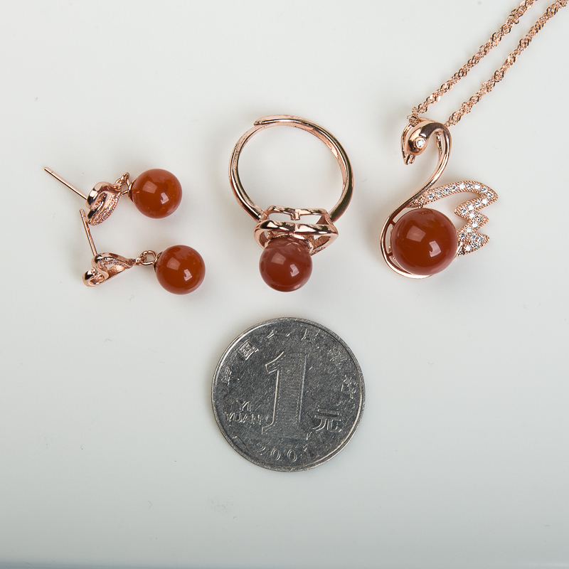 银镶天然柿子红南红三件套套装-红掌柜