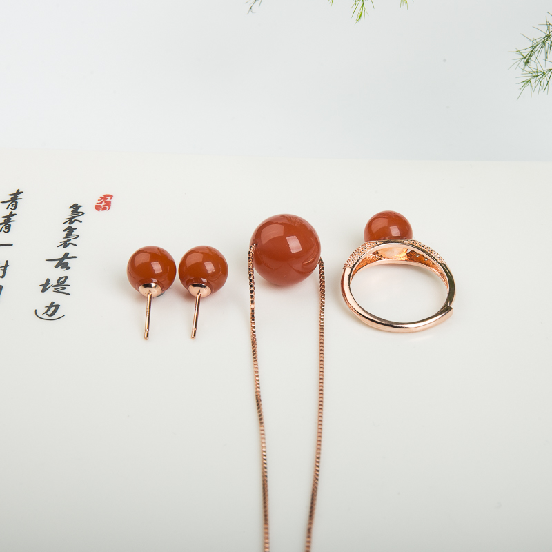 银镶天然樱桃红南红套装-红掌柜