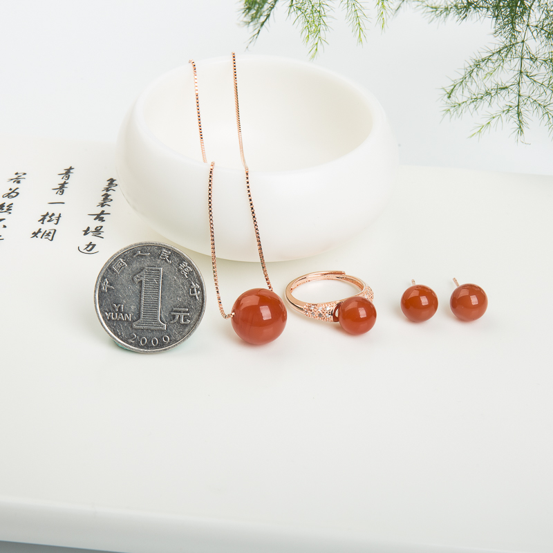 银镶四川天然樱桃红南红套装-红掌柜