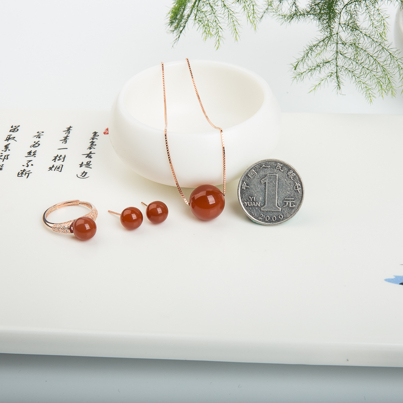 银镶天然四川樱桃红南红套装-红掌柜