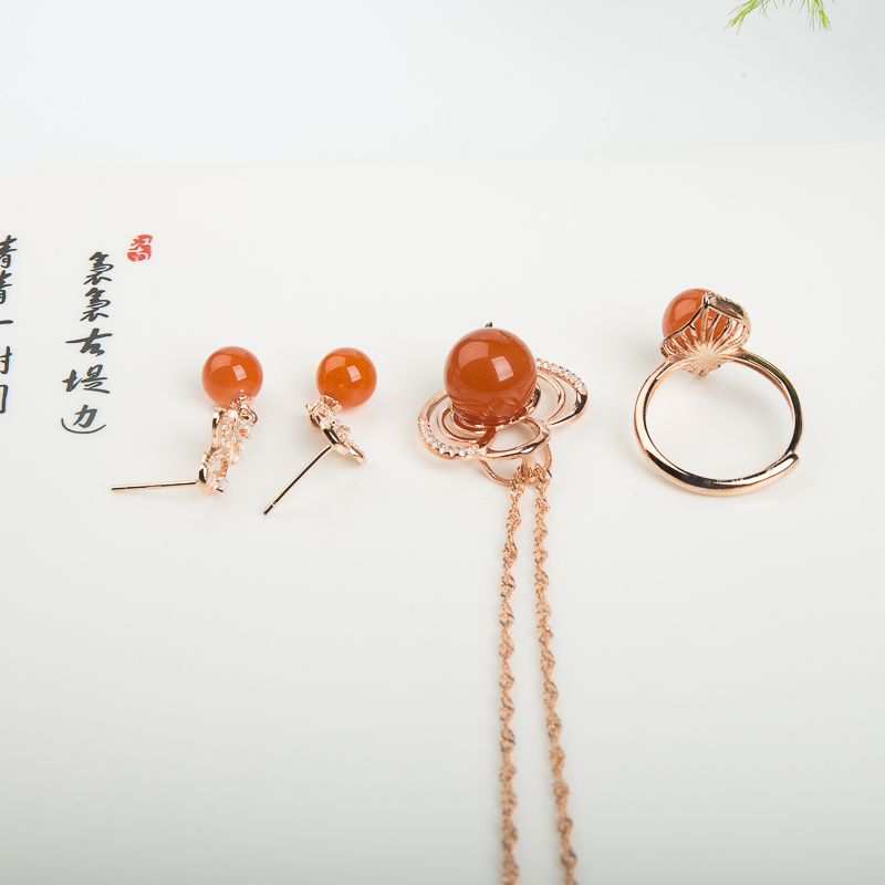 银镶天然樱桃红南红套装-红掌柜