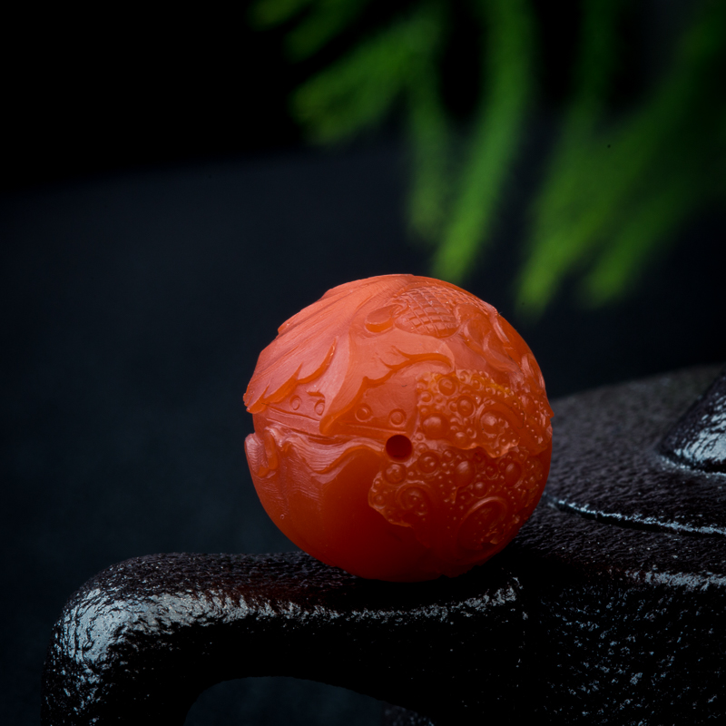 天然保山南红金玉满堂圆珠吊坠-红掌柜